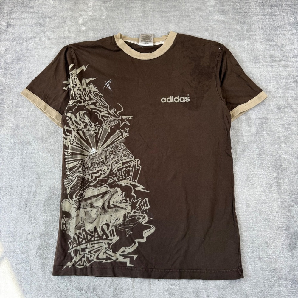 Adidas Shirt Mens Medium Brown Ringer Graffiti Vintage Y2K Grunge Skater